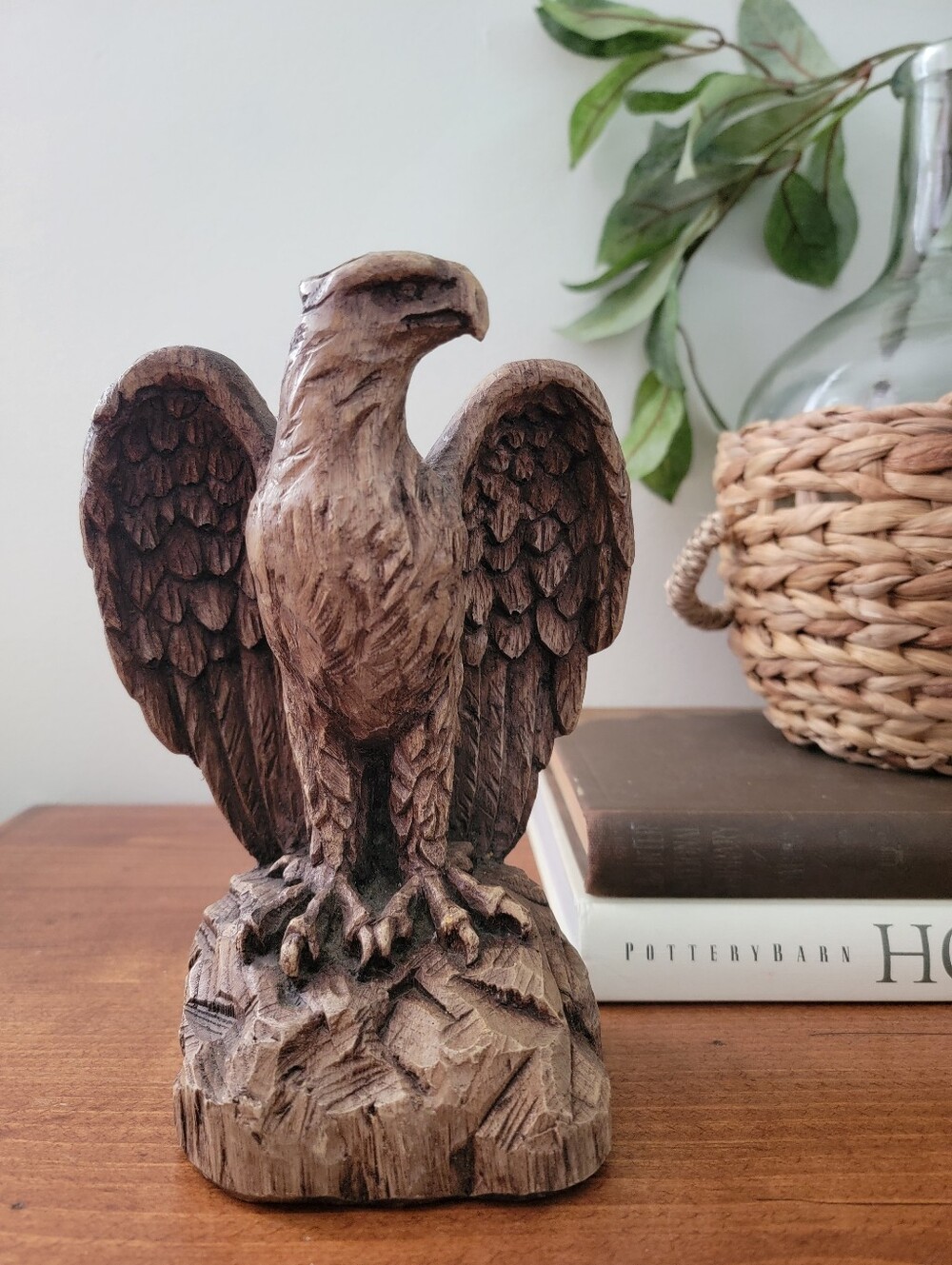 Signed Hand Carved Wood American Eagle Statue Figurine Home Decor